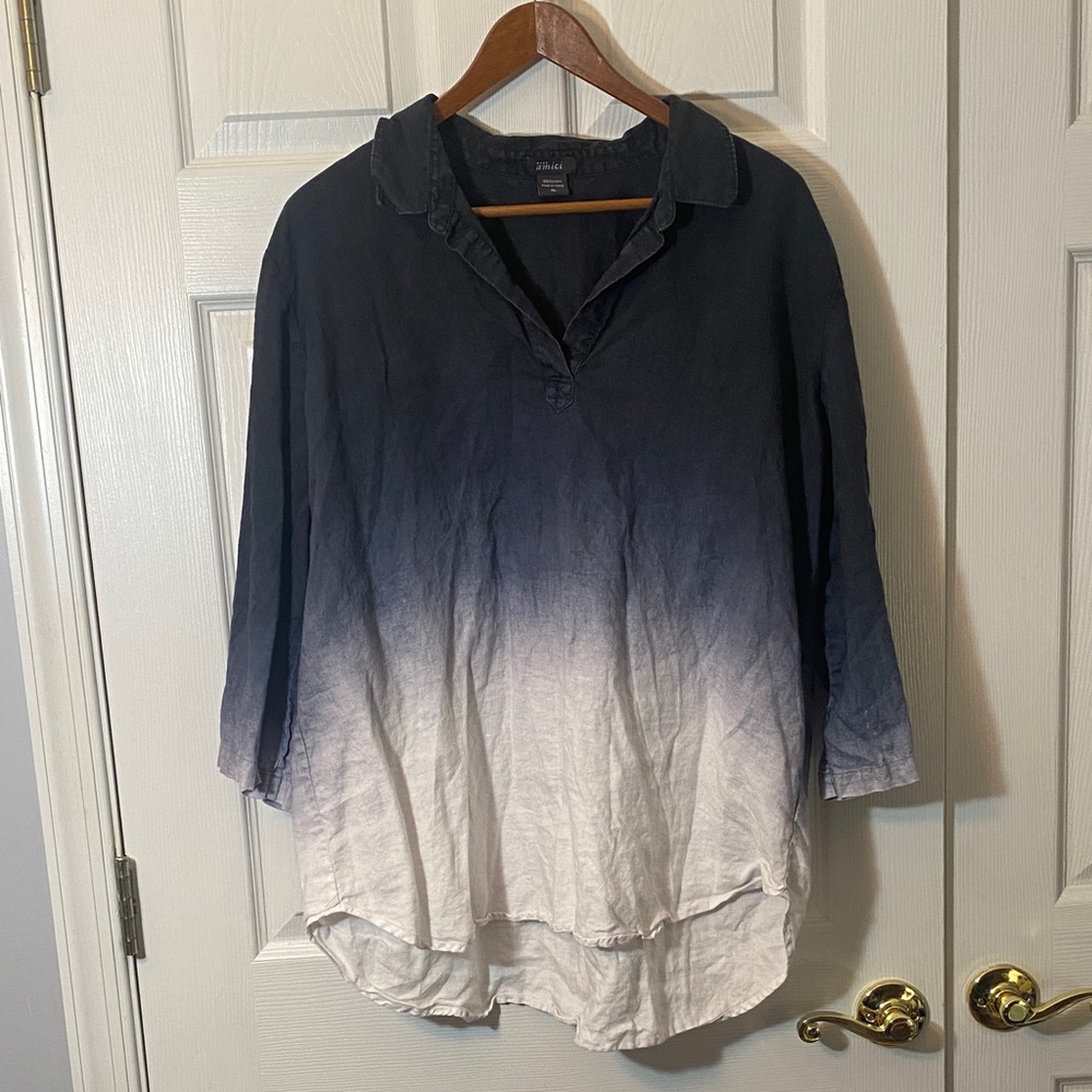 100% Linen XL Blue white Splendid Ombre Long Sleeve V-Neck Tee - blue  to White